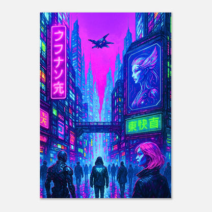 Neon Cityscape Cyberpunk Art Print – futuristische Großstadt Illustration mit Drohnen und Neonreklamen als Wanddekoration