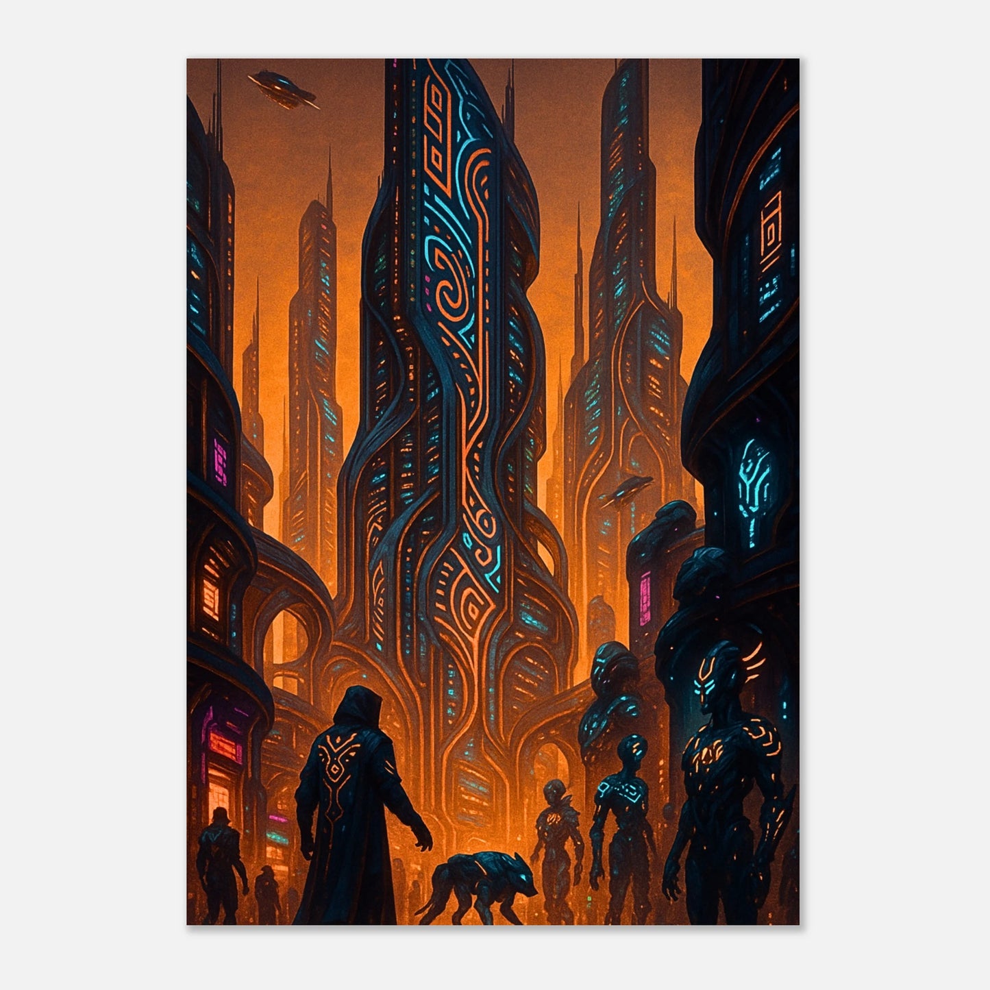 Cyberpunk Poster Neon Dystopia – futuristische Sci-Fi Wanddeko mit leuchtenden Neon-Türmen und dystopischem Flair.
