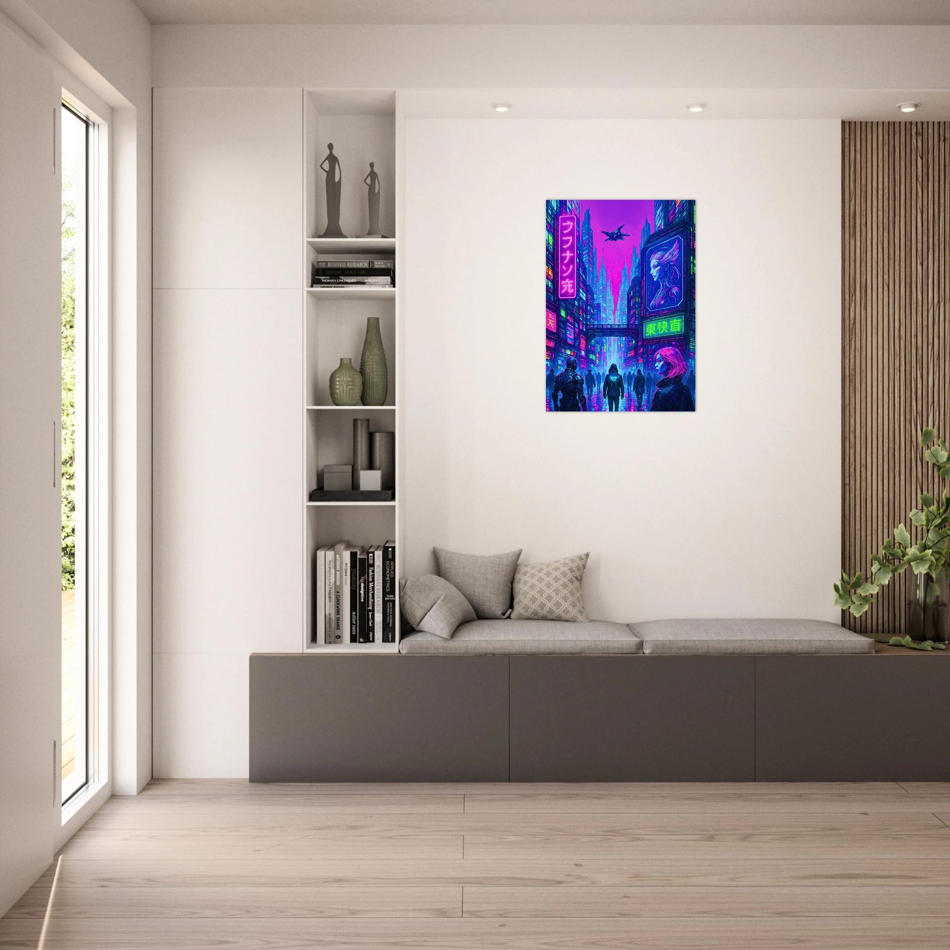 Cyberpunk Poster „Cyber Reign“ – futuristische Neon-City Wall Art als stilvolle Deko im modernen Wohnzimmer