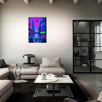 Cyberpunk Wall Art „Cyber Reign“ – Sci-Fi Poster mit Neon City Skyline als Wanddekoration im Industrial Style Wohnzimmer
