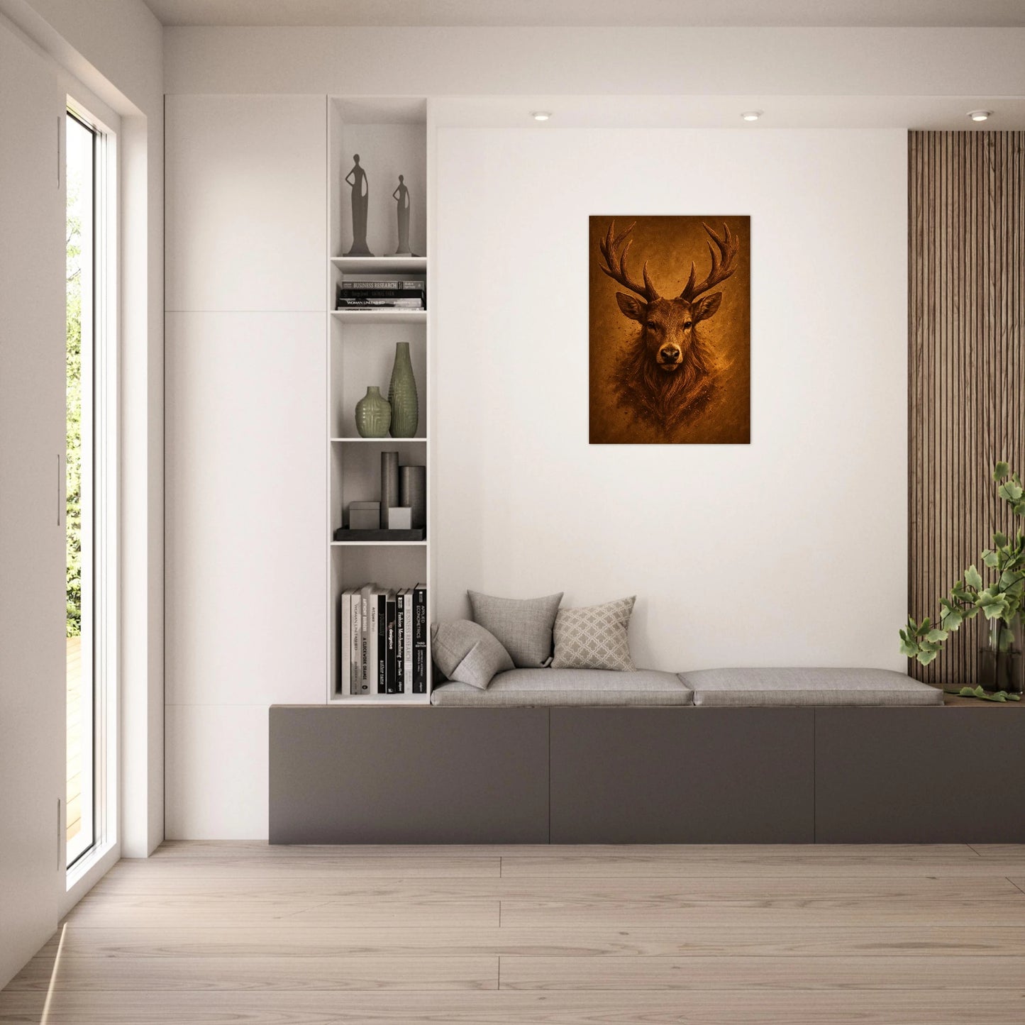 Deer wall art poster in modern living room – warm tones in minimalist nature-themed decor by DEFA