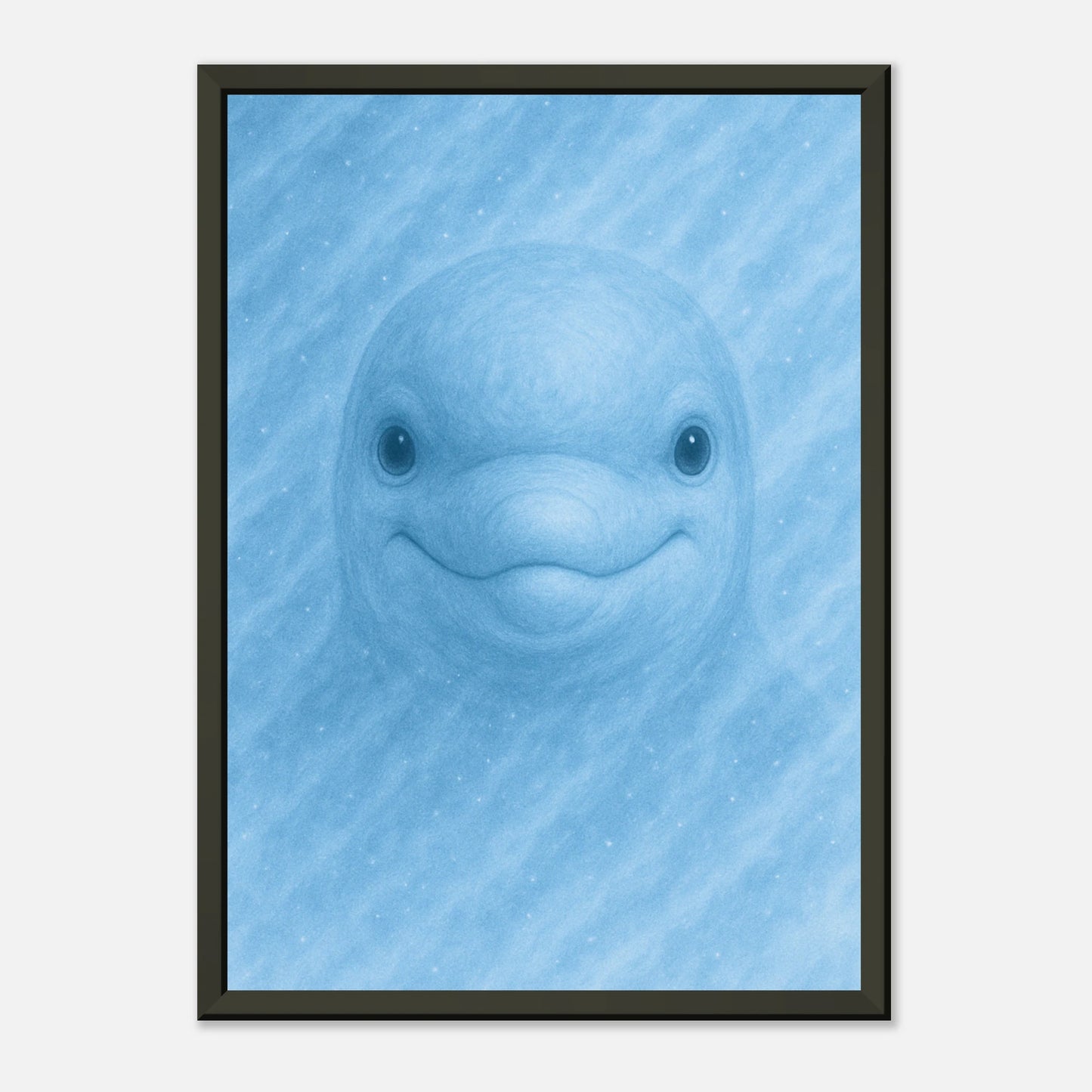 Nahaufnahme des Aqua Mood Posters – freundlicher Delfin in türkisblauem Wasser, detailreiche maritime Wandkunst im schwarzen Metallrahmen | DEFA Designs