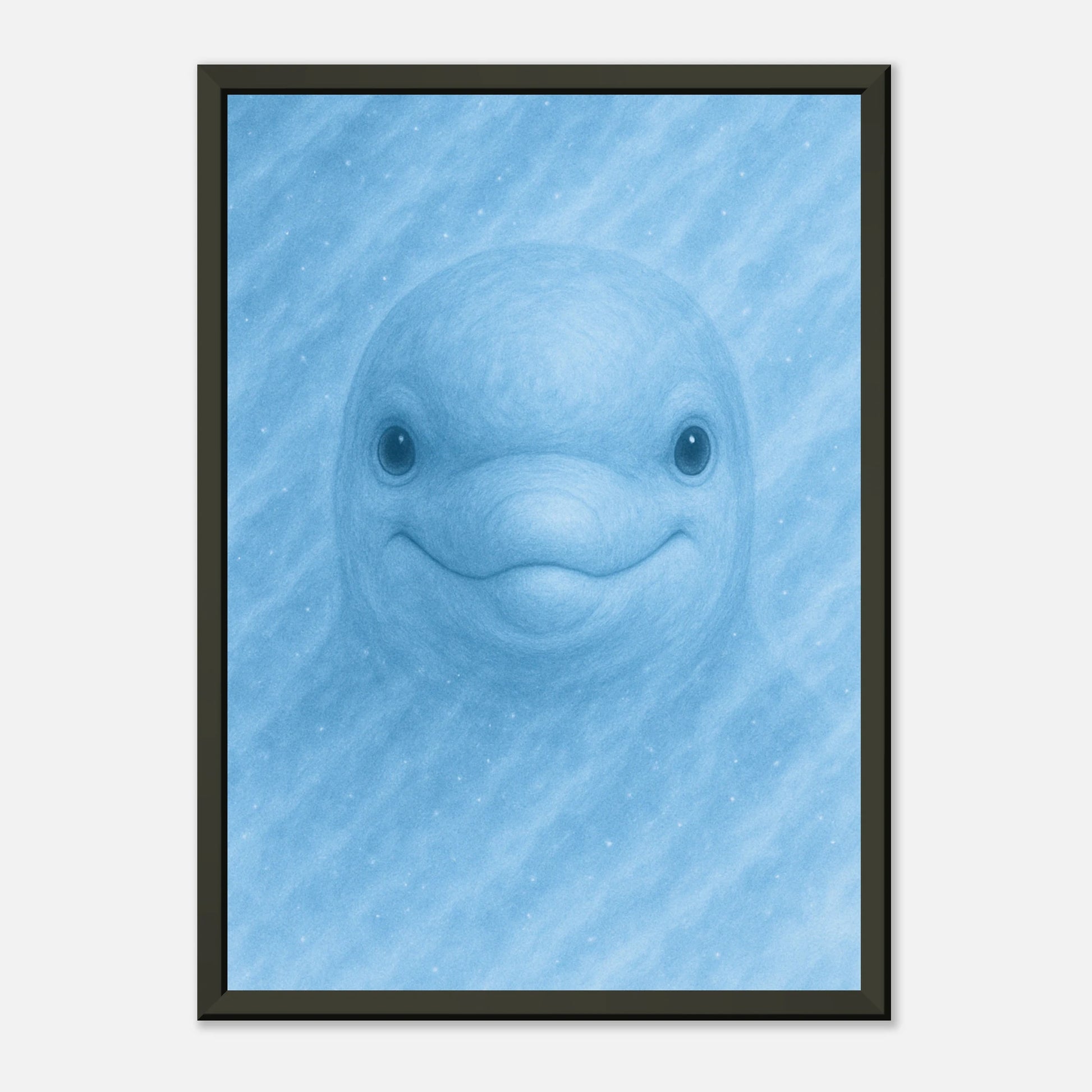 Nahaufnahme des Aqua Mood Posters – freundlicher Delfin in türkisblauem Wasser, detailreiche maritime Wandkunst im schwarzen Metallrahmen | DEFA Designs