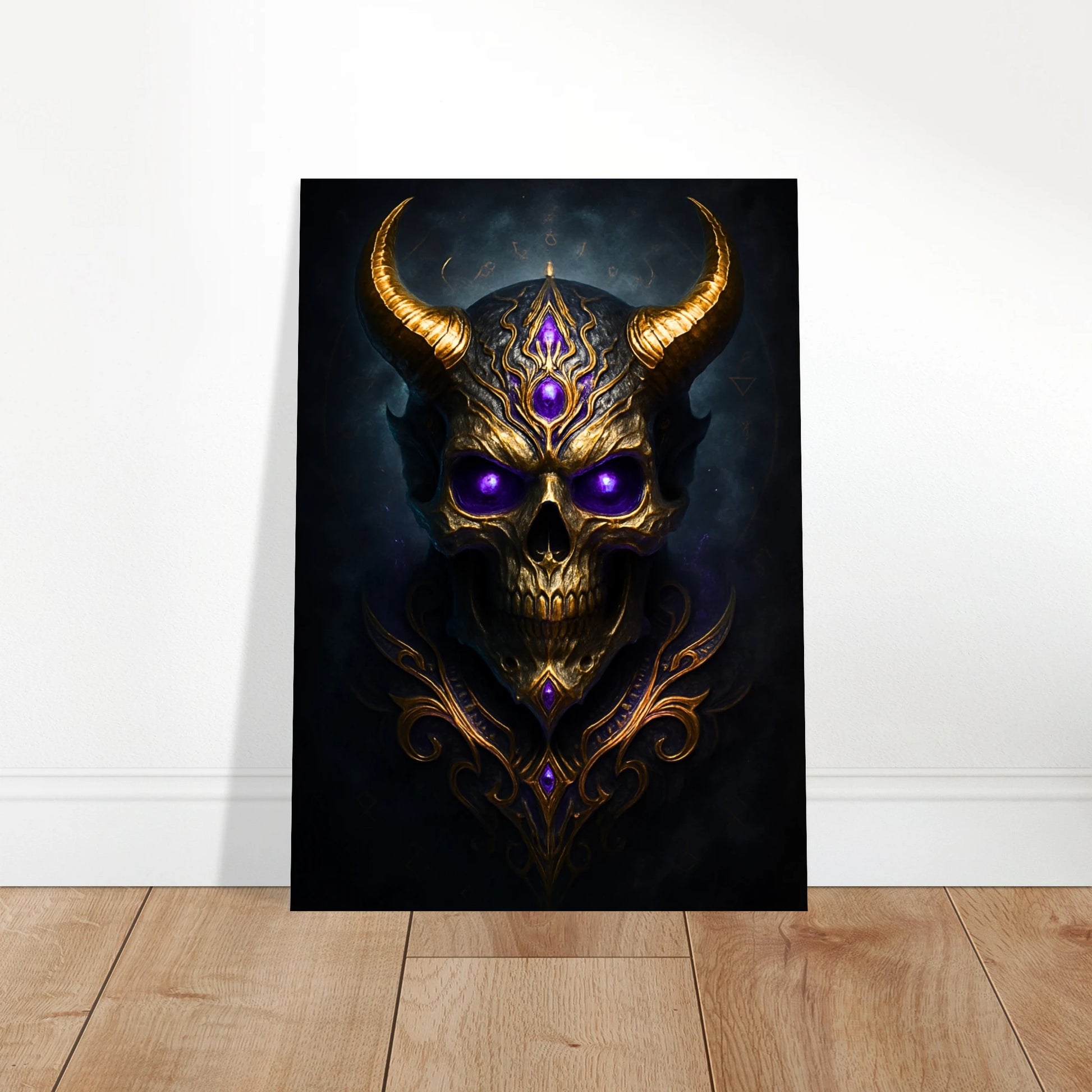 Demonic skull fantasy poster with golden horns leaning against wall, gothic home decoration