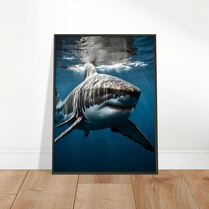 Depth Hunter Poster an die Wand gelehnt – Weißer Hai Poster im schwarzen Metallrahmen, stilvolle maritime Dekoration | DEFA Designs