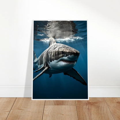 „Depth Hunter Poster Hai – Ozean-Kunstdruck angelehnt an Wand, perfekte maritime Raumdeko“