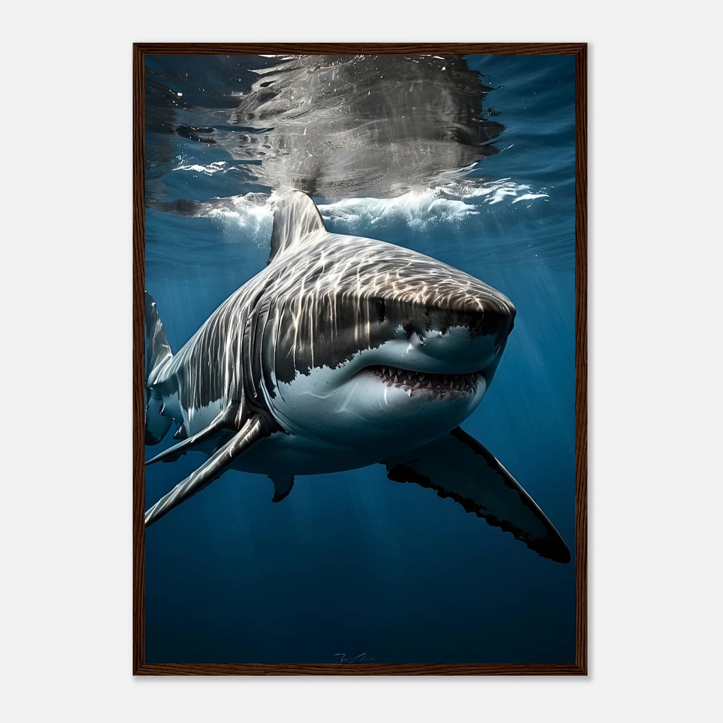 „Depth Hunter Poster Hai – hochwertiger dunkelbrauner Holzrahmen für elegante Wandgestaltung“