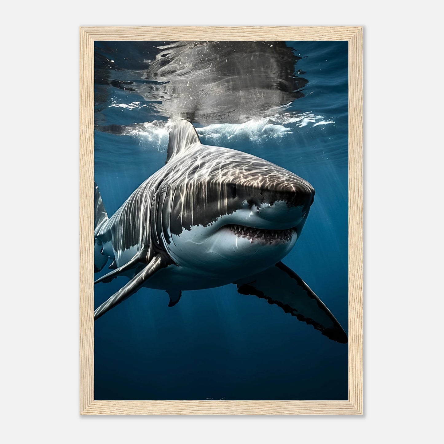 „Depth Hunter Poster Hai – edler heller Holzrahmen für stilvolle maritime Wohnkultur“