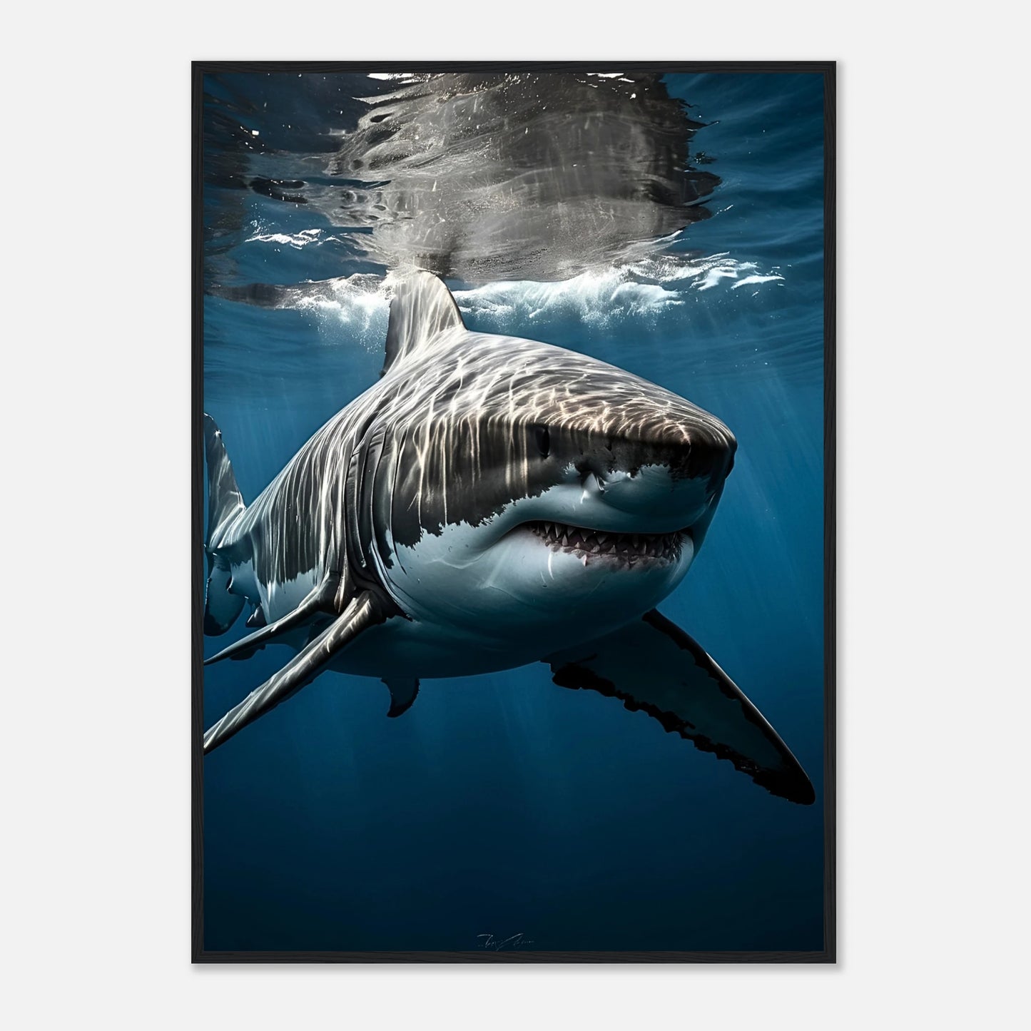 „Depth Hunter Poster Hai – markanter schwarzer Rahmen als moderner Blickfang im Wohnraum“