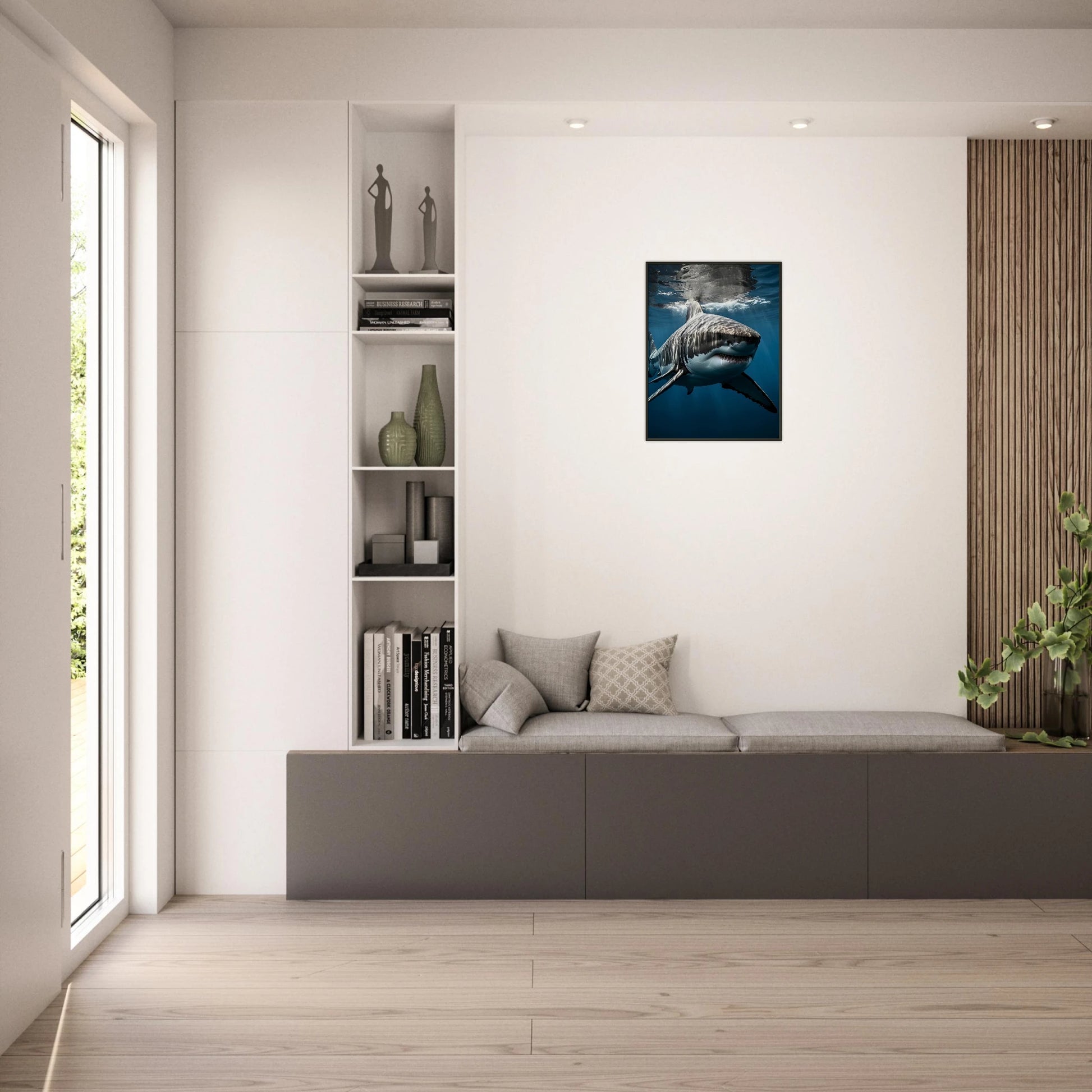 Depth Hunter Poster im hellen Wohnzimmer – Hai Wandbild im schwarzen Metallrahmen, moderne Meereskunst | DEFA Designs