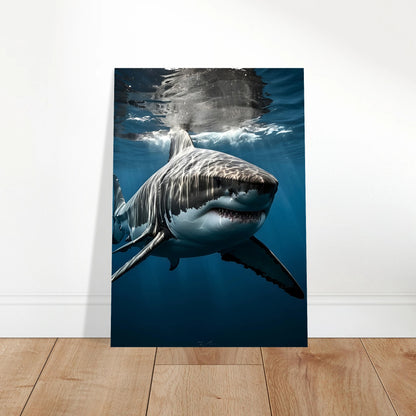 Depth Hunter Poster – Ozean-Wandkunst mit Weißem Hai im modernen Wohnzimmer.