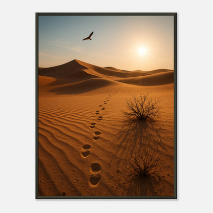 Desert Journey Poster – goldene Wüstendünen unter glühender Sonne im schwarzen Metallrahmen. Minimalistische Landschaftskunst von Defa Designs.