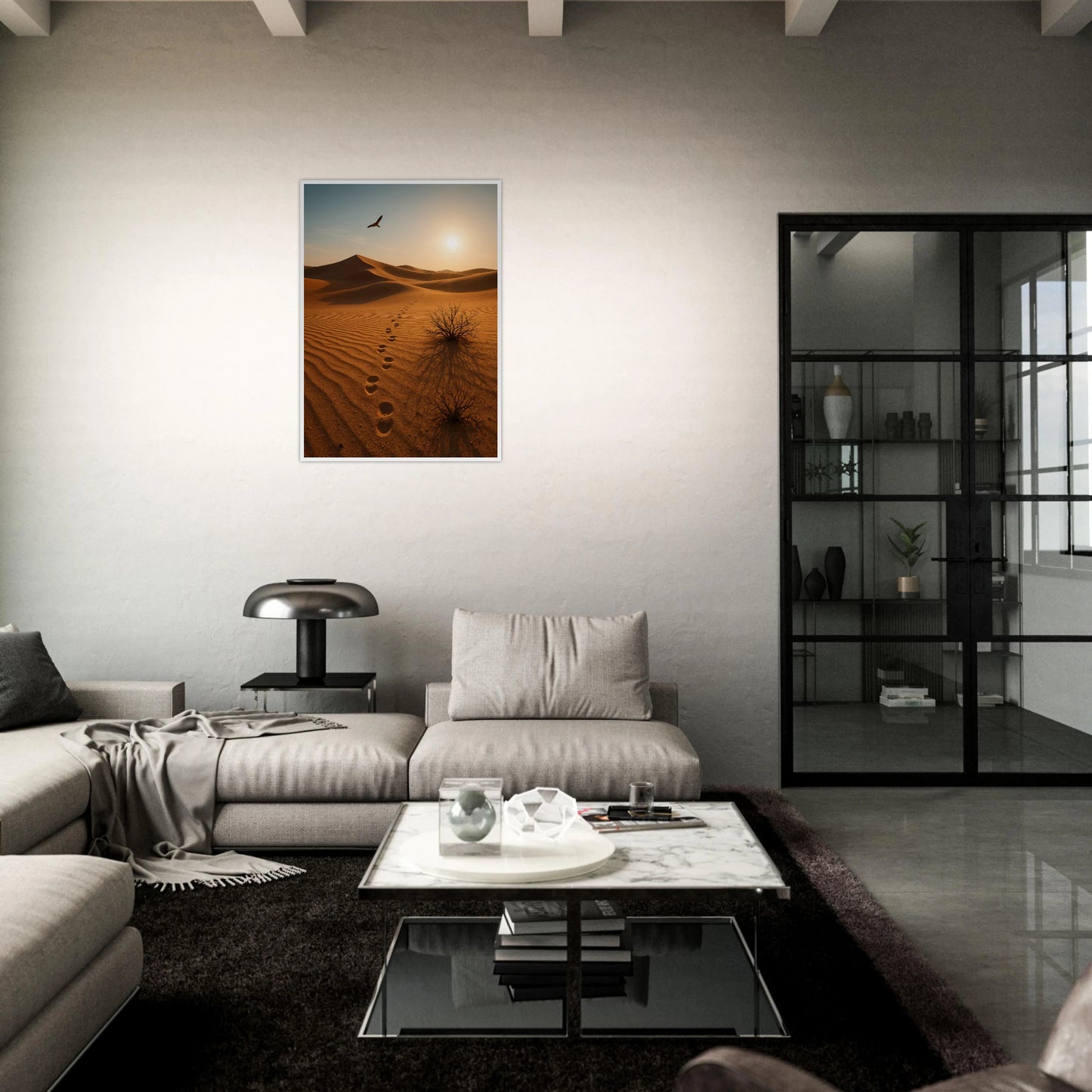 Desert Journey Poster – Dünenlandschaft über Sofa im modernen Wohnzimmer als Wanddeko