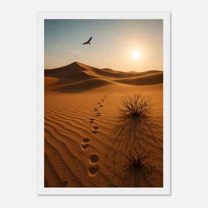 Desert Journey Poster mit weißem Holzrahmen – Dünenlandschaft in goldener Wüste als stilvolle Wandkunst