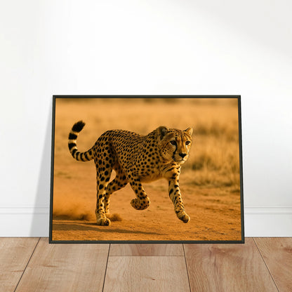 Desert Sprint Poster an die Wand gelehnt – Gepard-Wandbild mit schwarzem Metallrahmen, stilvoll präsentiert | DEFA Designs