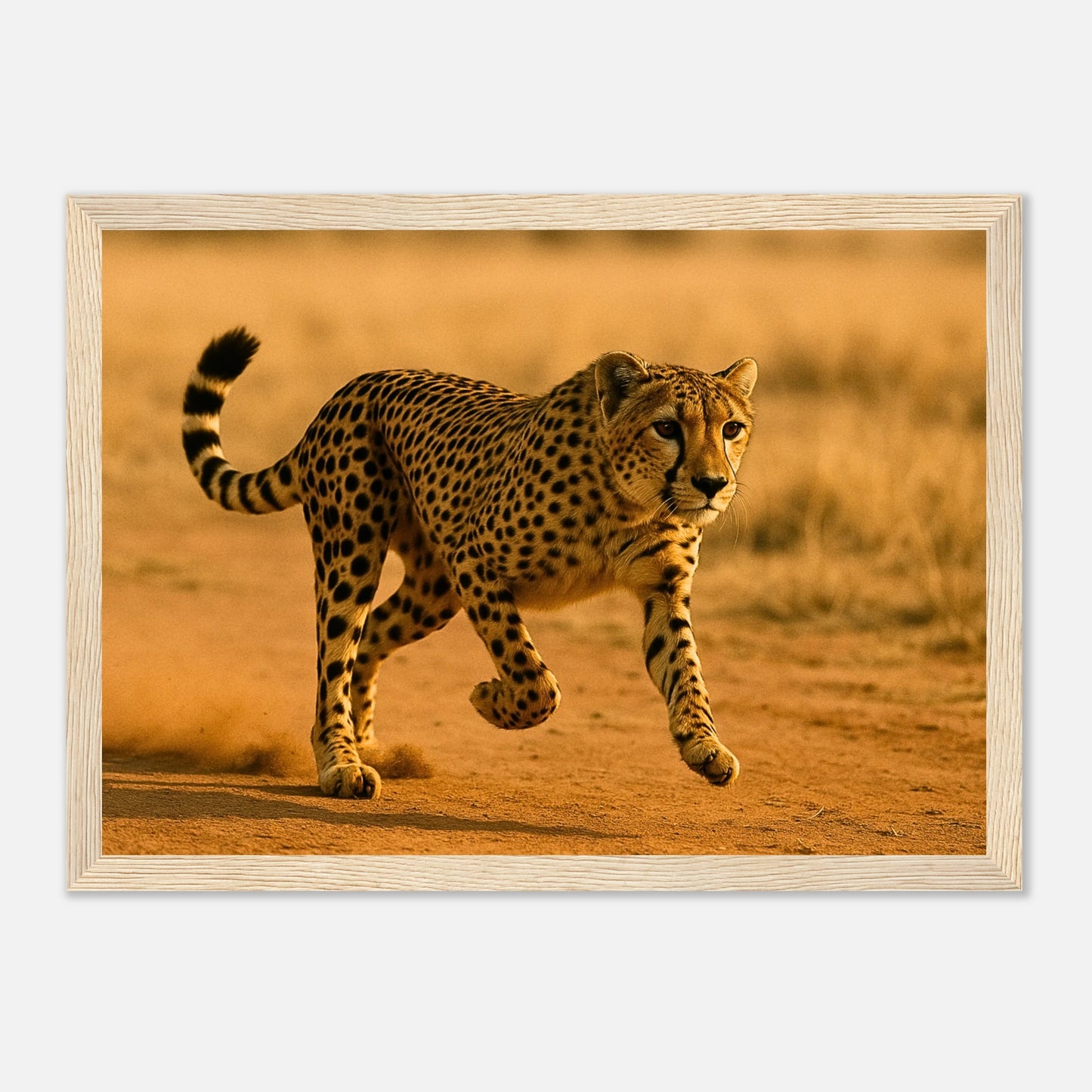 Desert Sprint Gepard Poster mit hellbraunem Holzrahmen – zeitlose Tierkunst für Wohnzimmer und Büro.