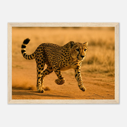 Desert Sprint Gepard Poster mit hellbraunem Holzrahmen – zeitlose Tierkunst für Wohnzimmer und Büro.