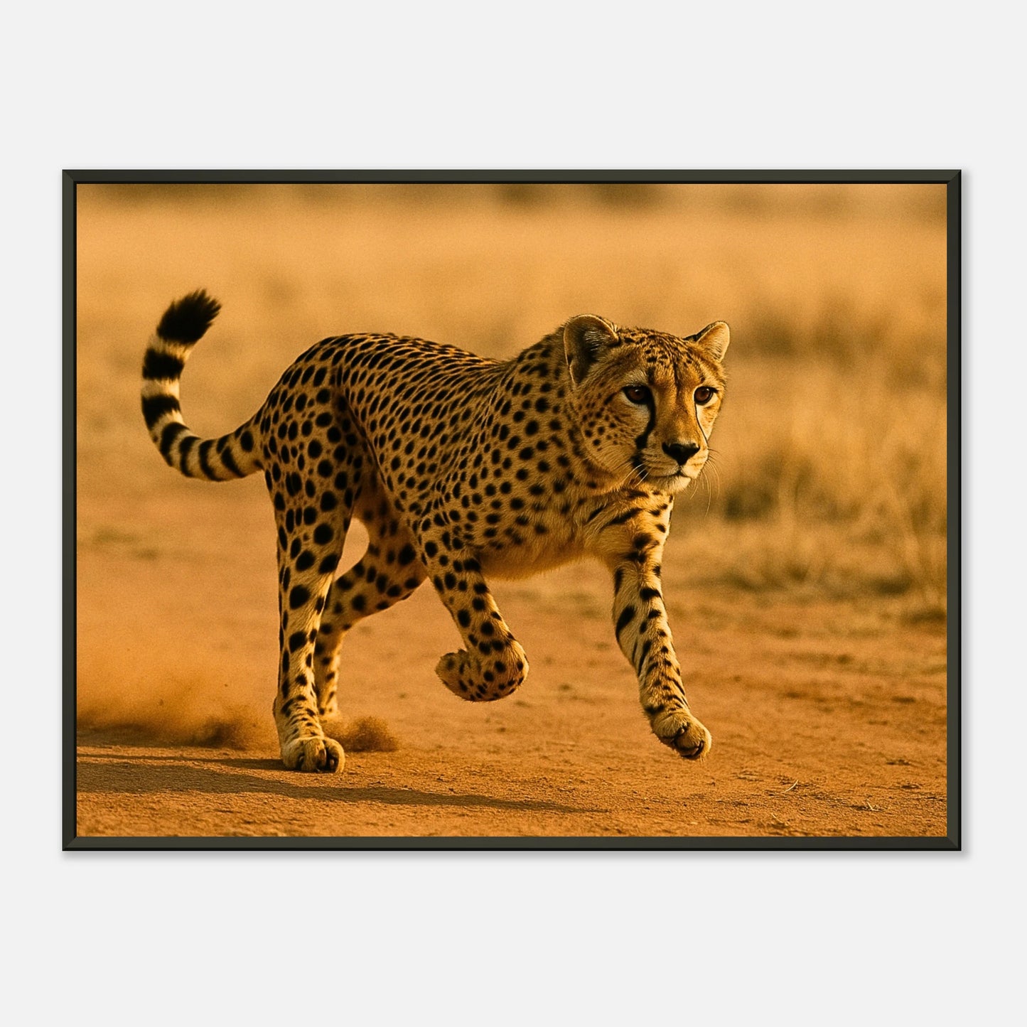 Desert Sprint Poster – Gepard in voller Bewegung auf der Savanne, eingerahmt im eleganten schwarzen Metallrahmen | DEFA Designs Wandbild