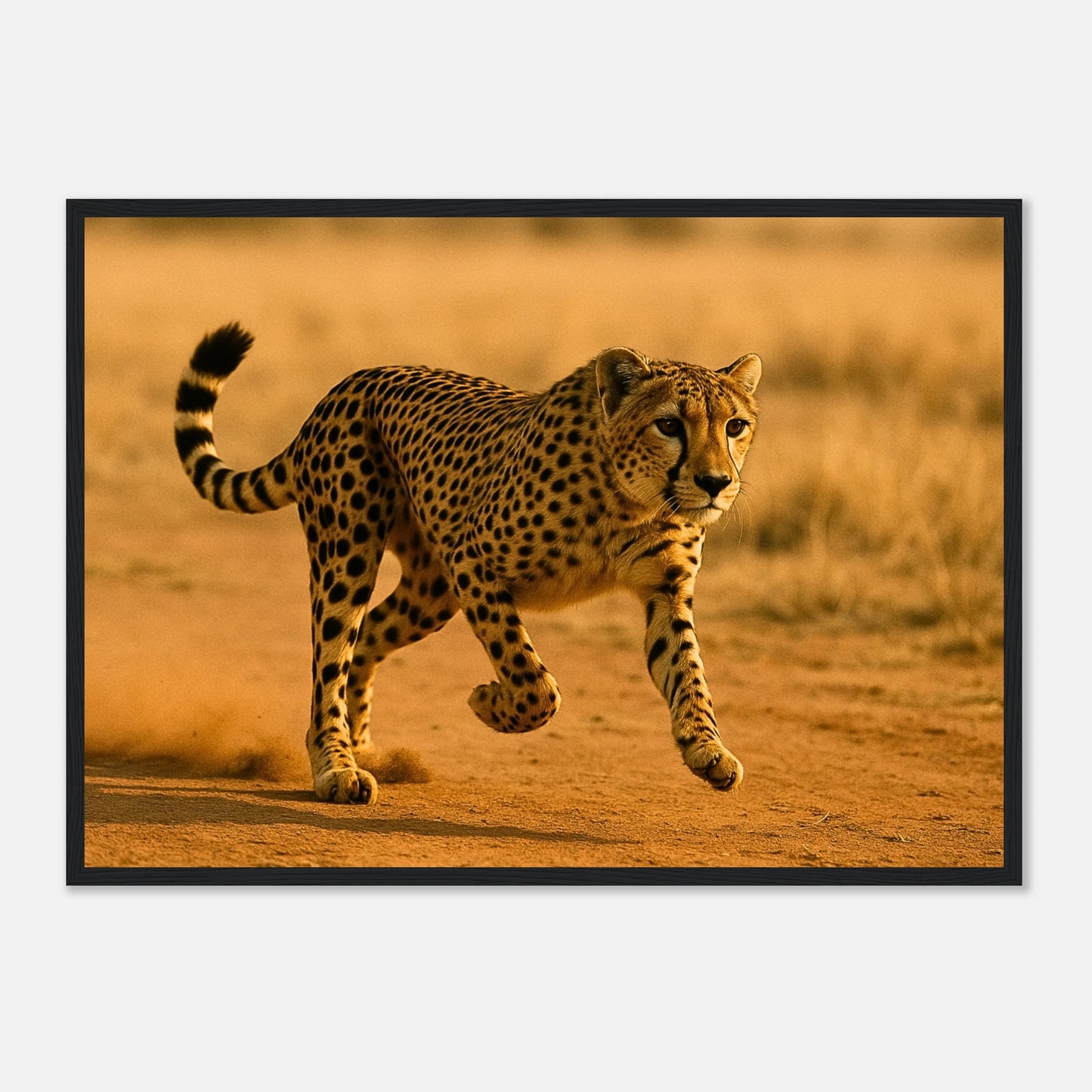 Desert Sprint Gepard Poster mit schwarzem Holzrahmen – dynamische Wanddekoration mit edler Note.