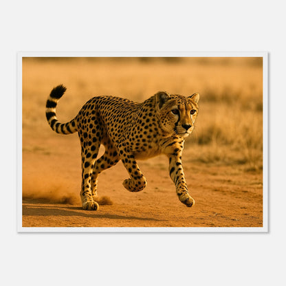 Desert Sprint Gepard Poster mit weißem Holzrahmen – stilvolle Tierkunst des schnellsten Raubtiers der Welt.