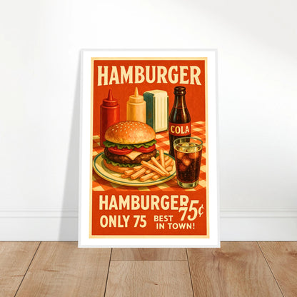 Diner Delight Poster an die Wand gelehnt – Vintage-Design mit Hamburger, Pommes und Cola im leuchtenden Retro-Stil, perfekte Wanddekoration für Küche oder Café – von Defa Designs.