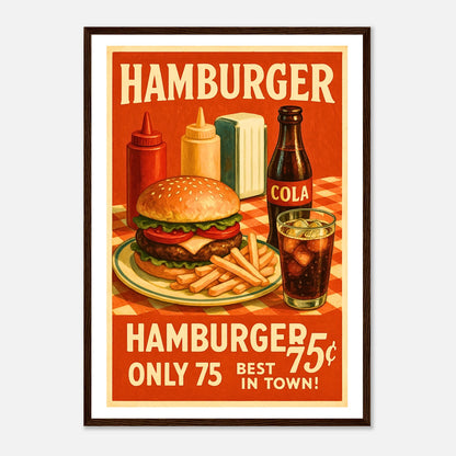 Diner Delight Poster im dunkelbraunen Holzrahmen – 50s Retro-Hamburger-Motiv mit Pommes und Cola, authentische amerikanische Deko für Küche oder Bar – von Defa Designs.
