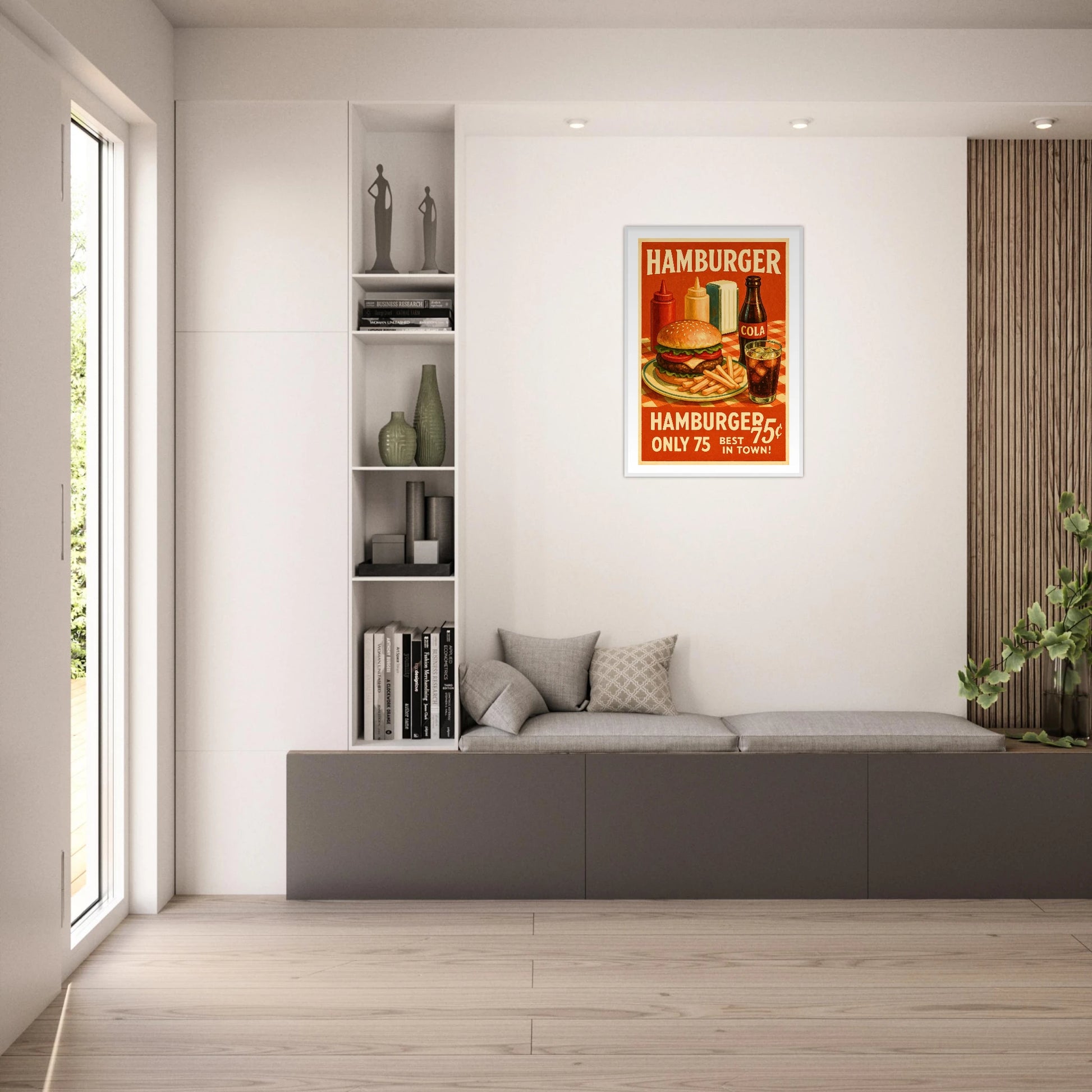 Diner Delight Poster im hellen Wohnzimmer – rotes Retro-Hamburger-Motiv mit Pommes und Cola, leuchtendes 50er-Jahre Wandbild im Diner-Stil – von Defa Designs.