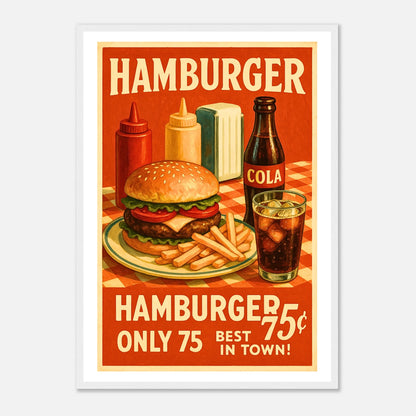 Diner Delight Poster im weißen Rahmen – Vintage-Poster mit Hamburger, Cola und Pommes, klassisches amerikanisches Diner-Design für Küche, Café oder Restaurant – von Defa Designs.