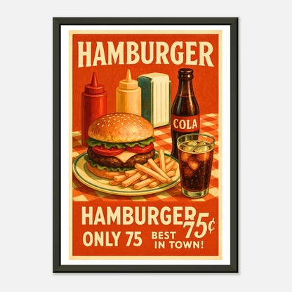 Diner Delight retro wall art print in black metal frame with bold Americana hamburger poster design