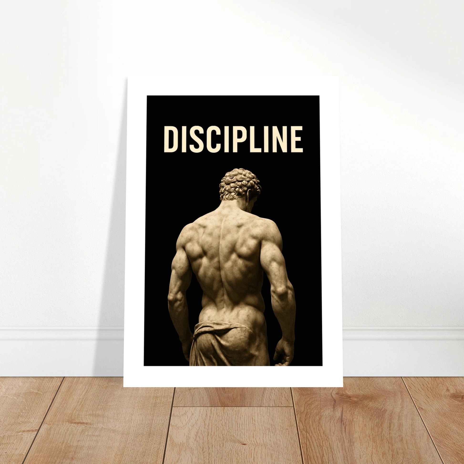 Discipline motivational poster leaning on floor – modern wall art for gym, office or home