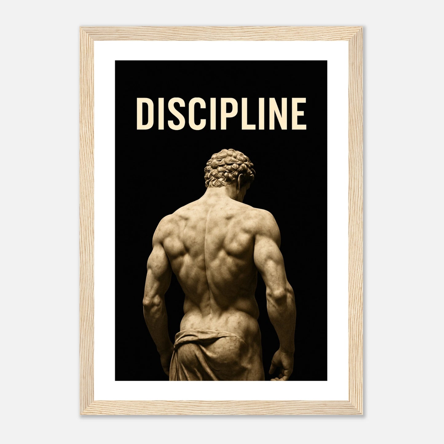 Discipline – Sculpted by Will Poster im hellbraunen Rahmen – kraftvolles Motivationsbild für Fitnessstudio, Büro oder Zuhause. Symbol für Fokus, Stärke und Disziplin – exklusiv von Defa Designs.