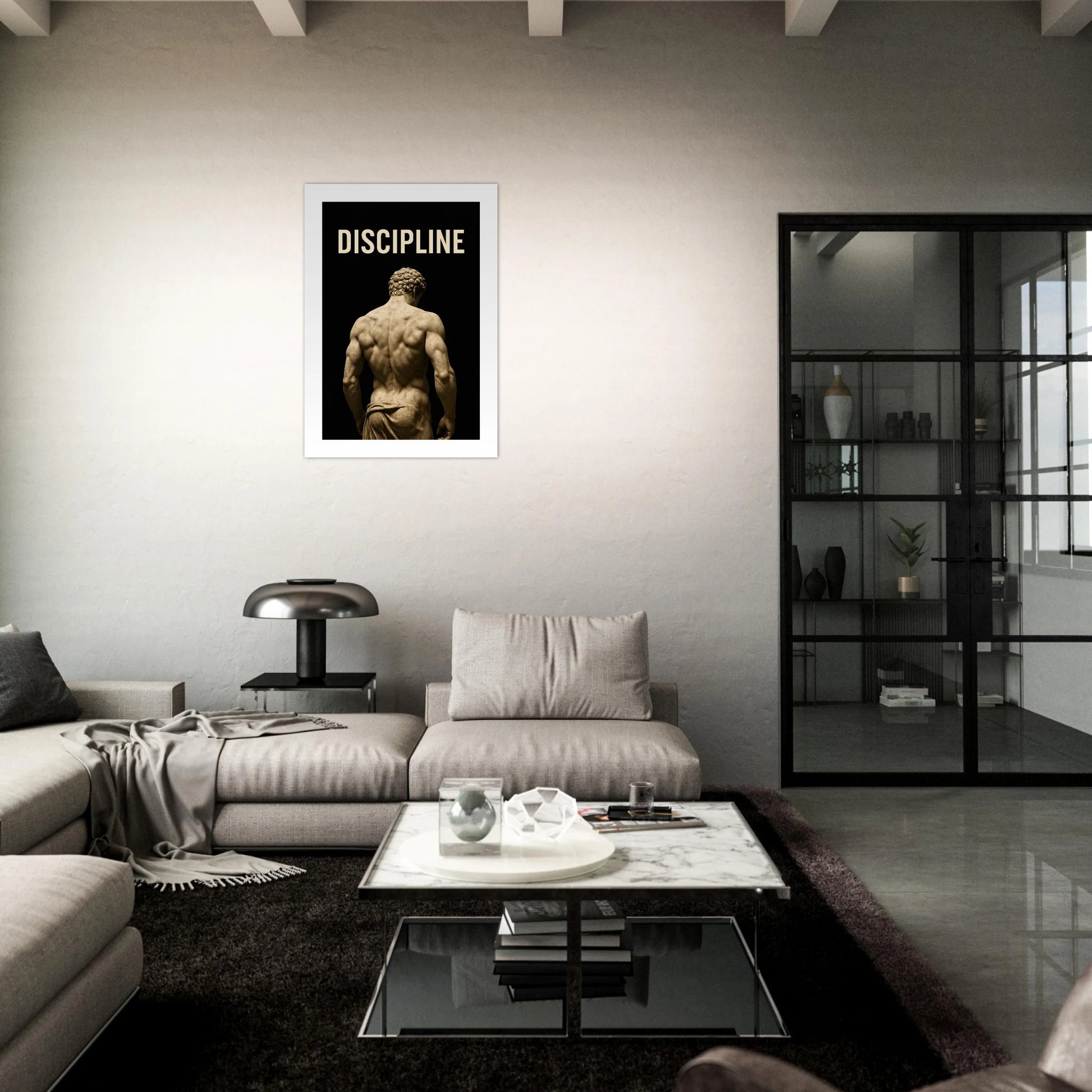Discipline wall art – motivational poster in dark modern living room, perfect decor for focus and strength