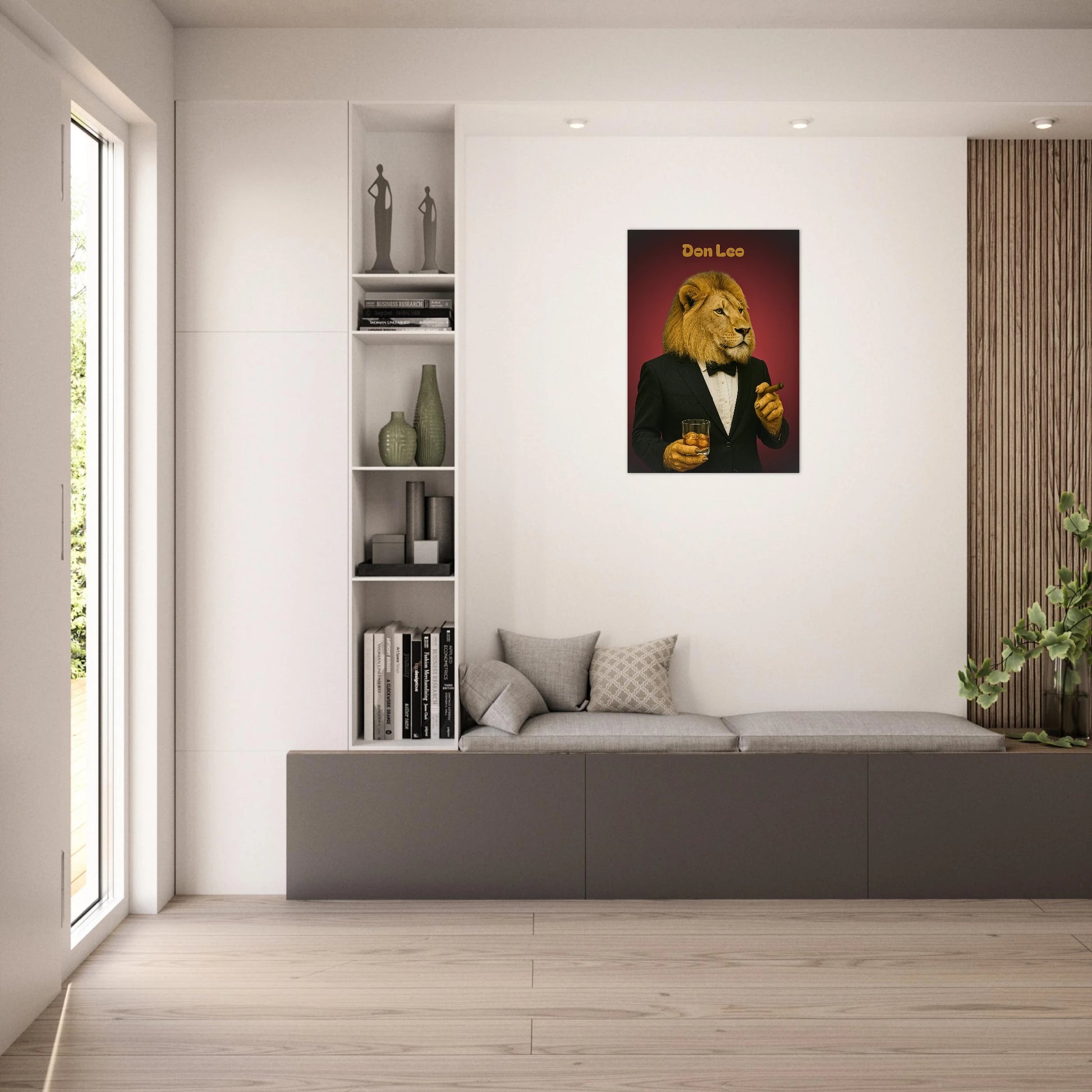 Don Leo lion wall art in bright modern living room – stylish animal poster decor by DEFA