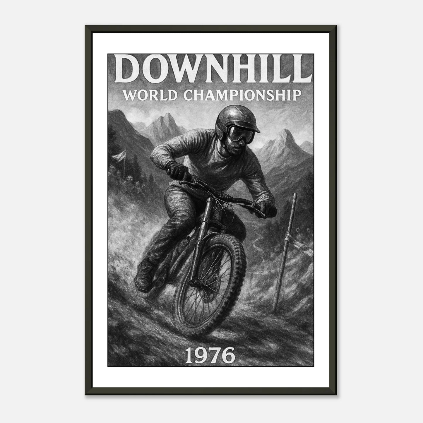 Downhill ’76 Poster – Vintage-Design mit Fahrer in den Bergen – Perfekte Wandkunst für Mountainbike-Fans | DEFA Designs