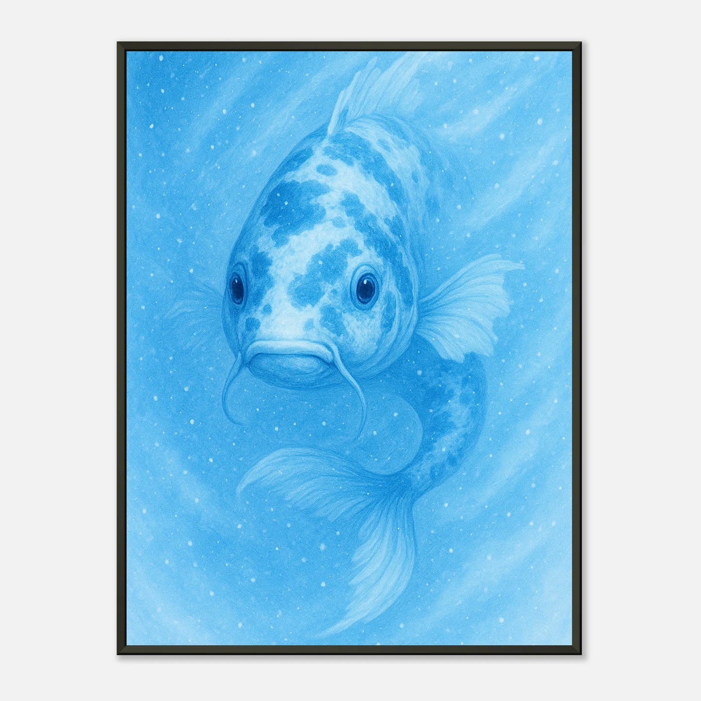 Drift & Glow Poster – blauer Koi-Fisch in Bewegung, umgeben von sanften Wasserwirbeln im schwarzen Metallrahmen. Ruhige, elegante Wandkunst von Defa Designs.