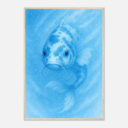 Drift & Glow Koi Fisch Kunstdruck mit hellbraunem Holzrahmen – stilvolles Poster für Wohnzimmer oder Schlafzimmer.