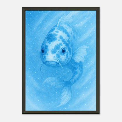Seitenansicht des Drift & Glow Posters – sanfte Wasserbewegung mit leuchtendem Koi in elegantem schwarzen Metallrahmen.