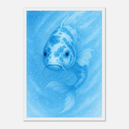 Drift & Glow Koi Poster mit weißem Rahmen – minimalistisches Wandbild in Blau für moderne Wohnräume.