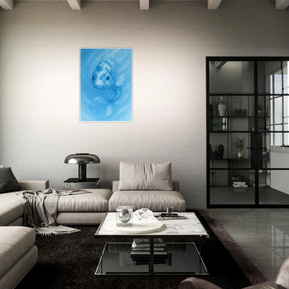 Drift & Glow Koi Poster – elegantes Wandbild in Blau im modernen Wohnzimmer mit dunkler Einrichtung.