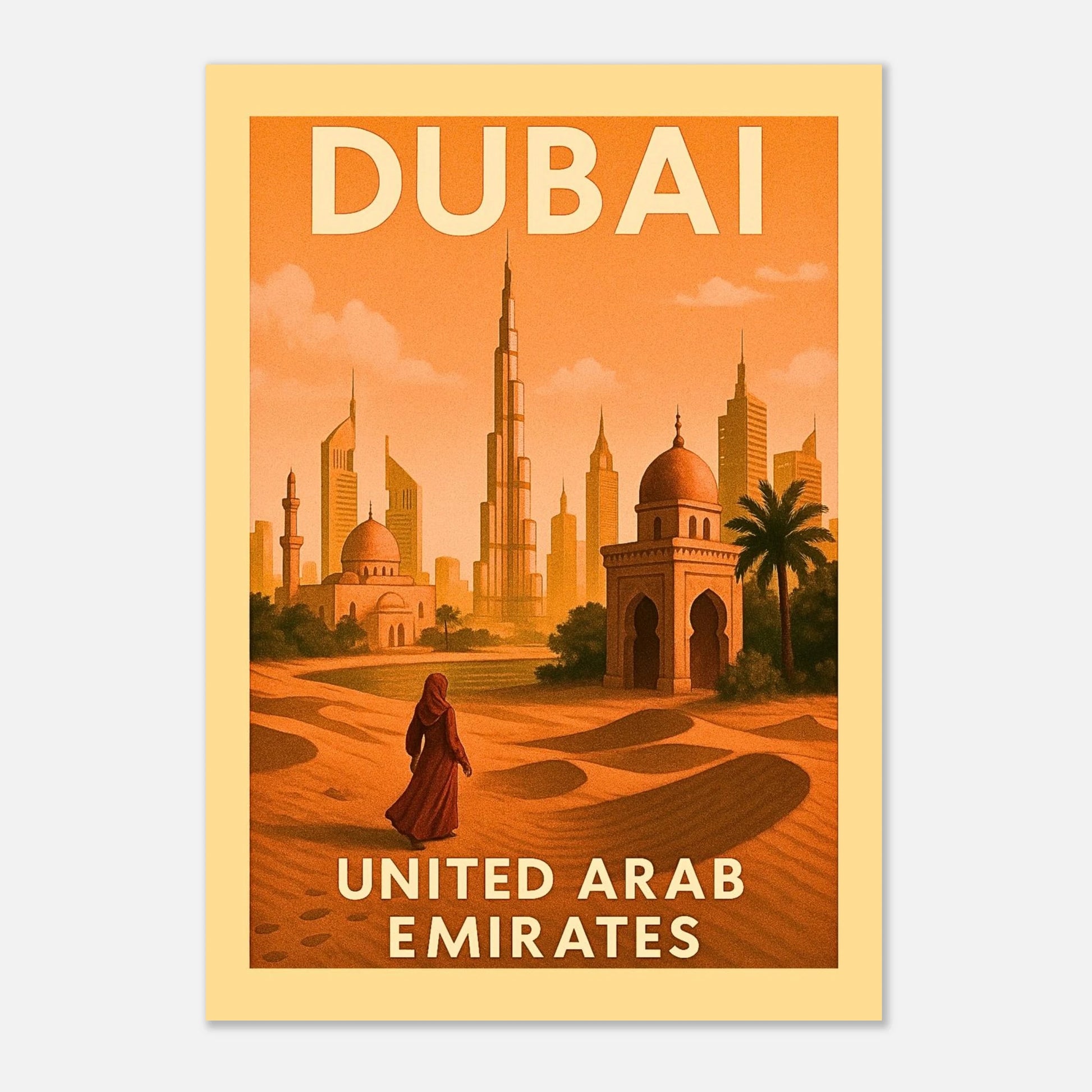 „Dubai City Poster – United Arab Emirates Wanddeko, stilvolles Poster auf Holz präsentiert“