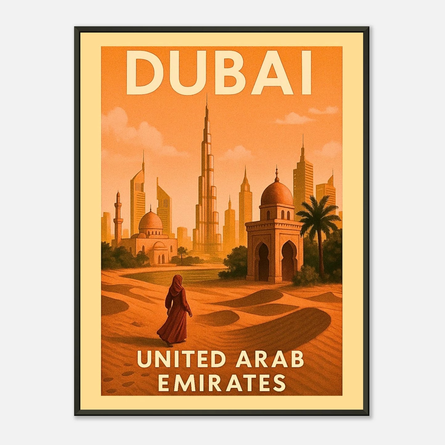 Dubai United Arab Emirates vintage city wall art with black metal frame, iconic skyline with Burj Khalifa and desert architecture