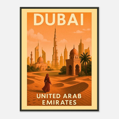 Dubai United Arab Emirates vintage city wall art with black metal frame, iconic skyline with Burj Khalifa and desert architecture