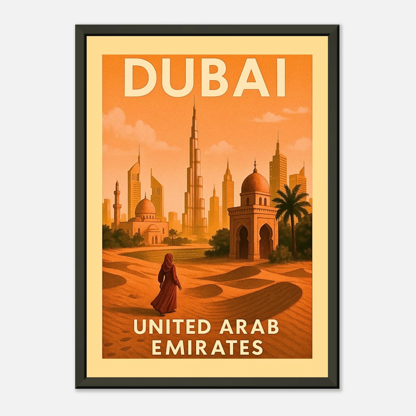 Dubai vintage city poster wall art with black metal frame, warm retro colors and modern skyline