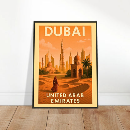 Dubai wall art in bright modern living space, retro city artwork in black metal frame