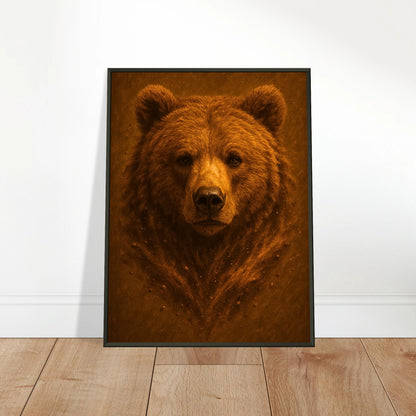Earthside Poster mit Bärenmotiv, angelehnt an Wand auf Holzfläche – natürliche Tierkunst mit minimalistischer Wirkung im schwarzen Metallrahmen.