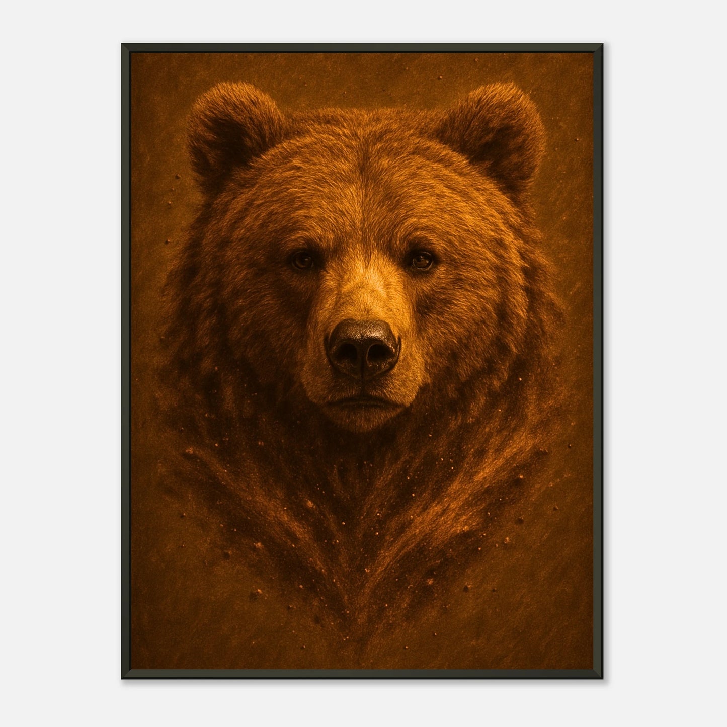 Earthside – majestätisches Bärenposter in erdigen Tönen mit schwarzem Metallrahmen, Symbol für Stärke und Ruhe, exklusive Tierkunst von Defa Designs.