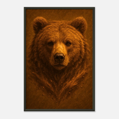 Seitliche Ansicht des Earthside Posters mit eindrucksvollem Bärenmotiv im schwarzen Metallrahmen – edle Wanddekoration in erdigen Farben.