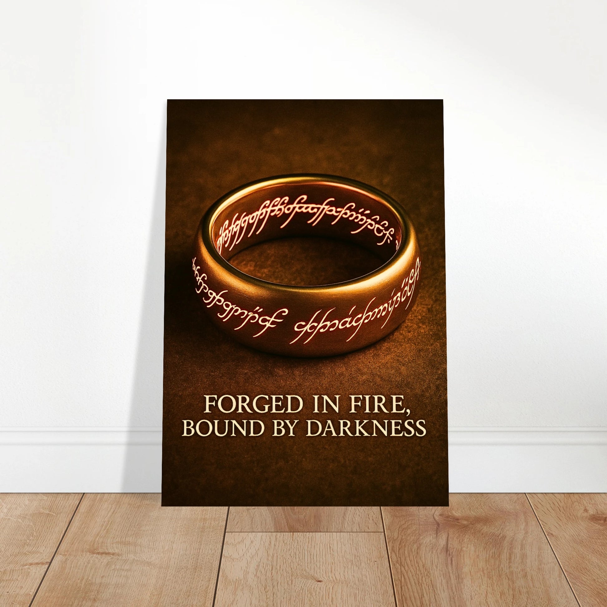 Legendary fantasy ring poster leaning against wall, glowing gold with ancient rune inscription