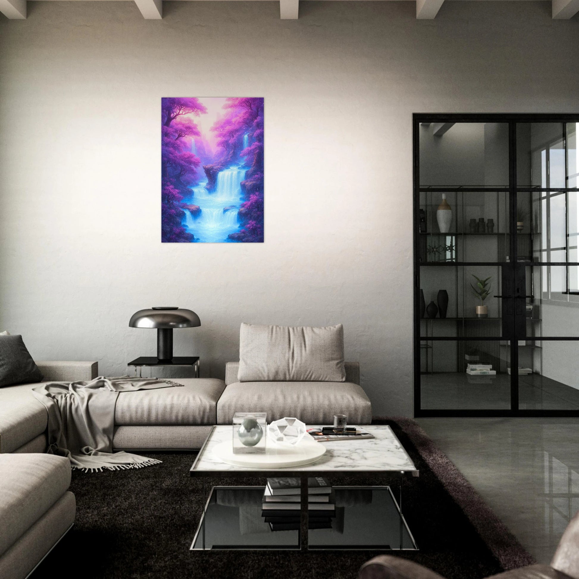 Enchanted waterfall fantasy art poster in stylish dark living room, serene wall decor