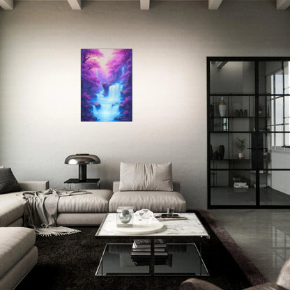 Enchanted waterfall fantasy art poster in stylish dark living room, serene wall decor
